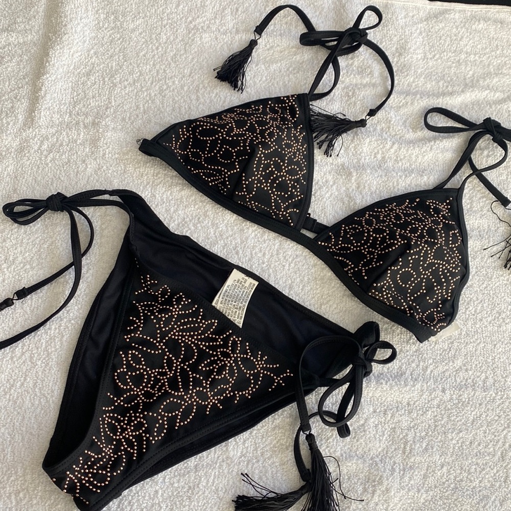 Black and gold embellished bikini with fringe strings